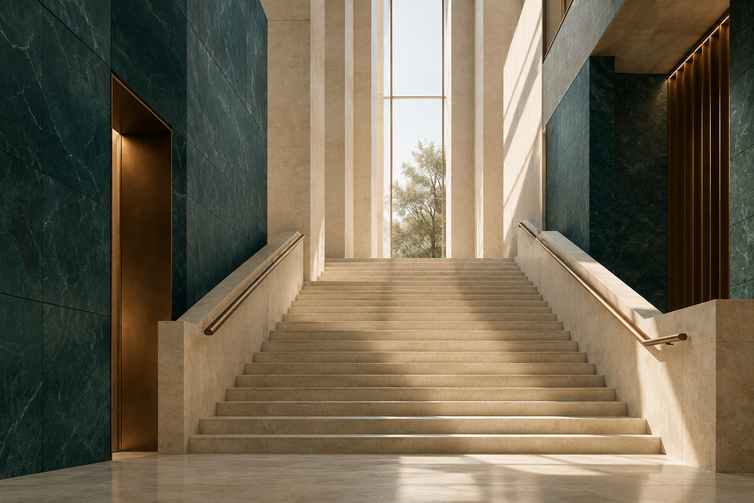 Imagen conceptual de una escalera de piedra y luz cenital en un espacio institucional.